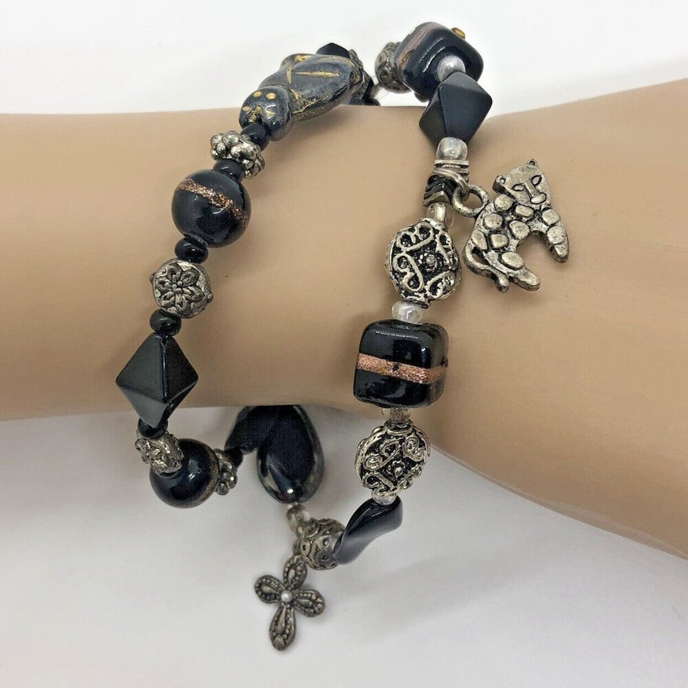 Leopard Cross Black Silver Artisan Bead Charm Bracelet Double Strand 7” Toggle